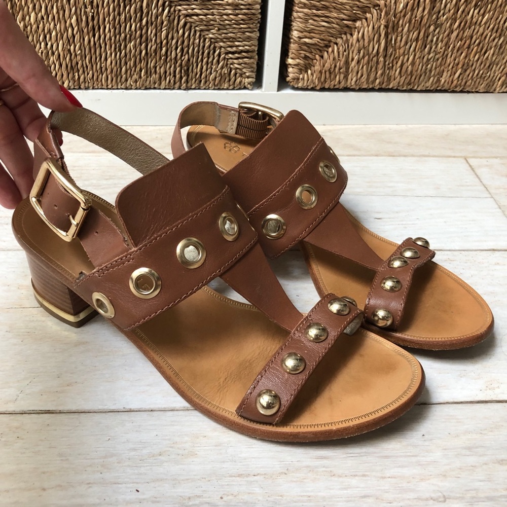 Trina Turk Brown Leather Studded Block Heel Sandals